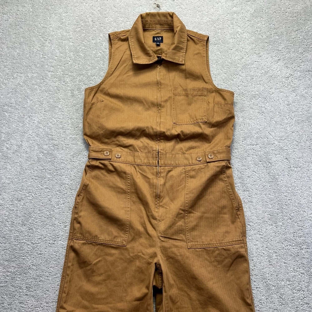 GAP‎ Sleeveless Jumpsuit Womens Size 10 Deep Camel Herringbone Zip Utility NWT